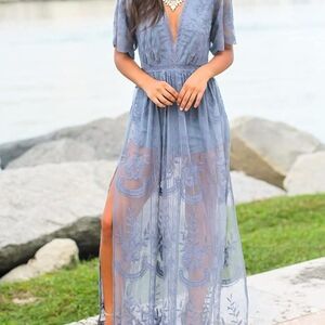 3/$20 DEAL Chic Sheer Blue Maxi Romper Dress
